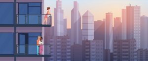 Illustration of city and people on balcony of apartment building
